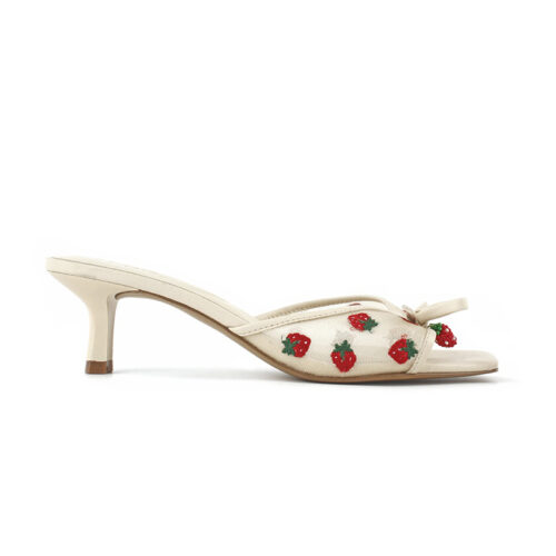 Strawberry Embroidery Mesh Mule Heels With Bow