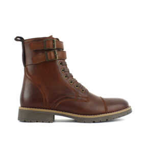 Brown Cap Toe Double Buckle Leather Combat Boots