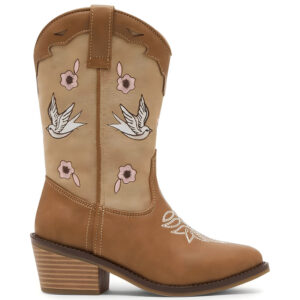 Girls Bird Floral Embroidered Western Cowboy Boots | Side Zipper Mid‑Calf Block Heel Kids Cowgirl Boots OEM ODM