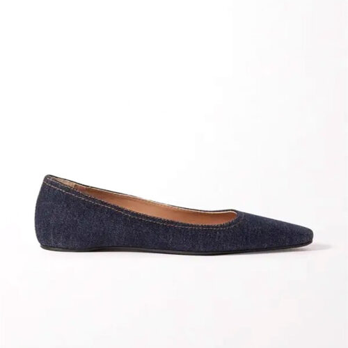 Indigo‑Blue Denim Ballerina Flats With Unique Square‑Pointed Toe