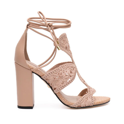 Crochet Lace Ankle Tie Block Heel Sandals
