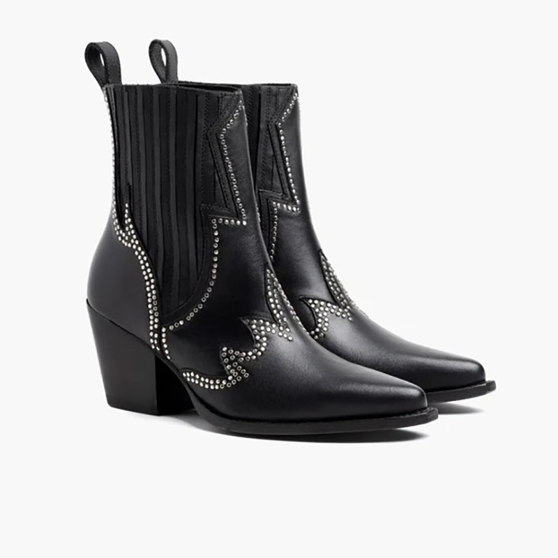 Studded Western Ankle Cowboy Boots | Premium Leather Pointed Toe Block Heel Boots for Women