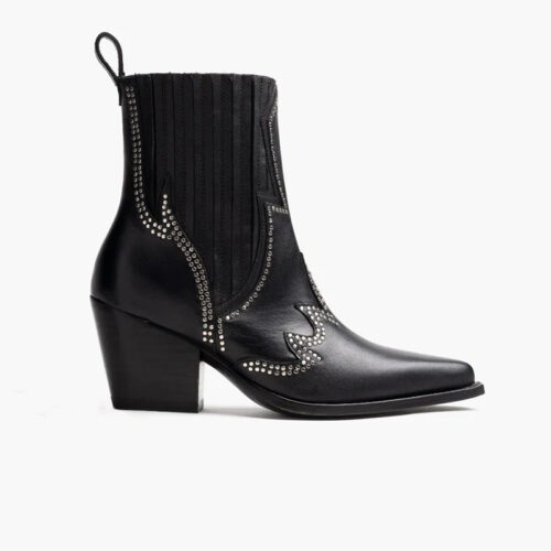 Studded Western Ankle Cowboy Boots | Premium Leather Pointed Toe Block Heel Boots for Women