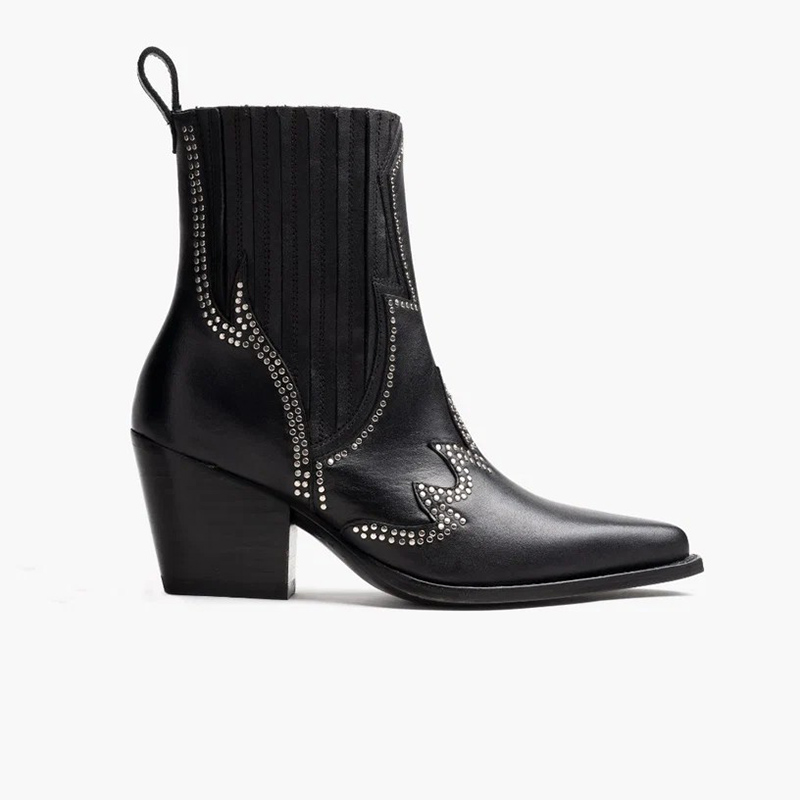 Studded Western Ankle Cowboy Boots | Premium Leather Pointed Toe Block Heel Boots for Women