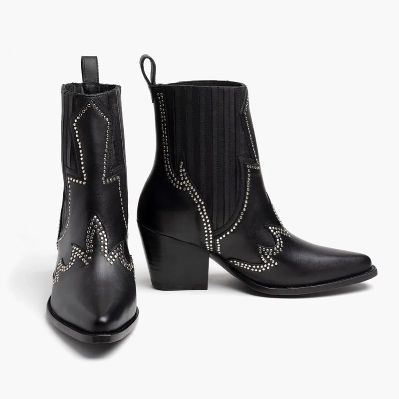 Studded Western Ankle Cowboy Boots | Premium Leather Pointed Toe Block Heel Boots for Women