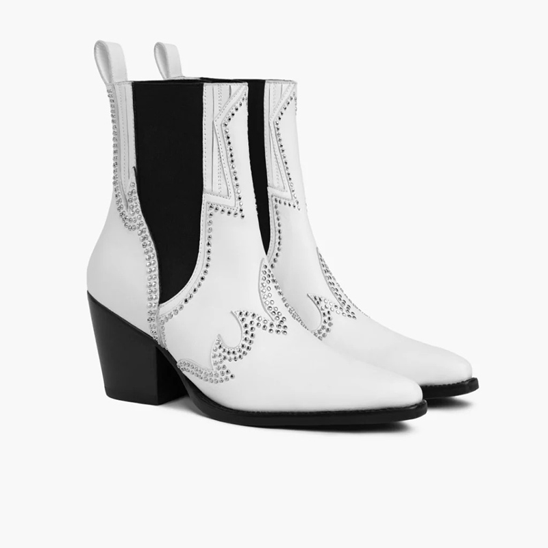 Studded Western Ankle Cowboy Boots | Premium Leather Pointed Toe Block Heel Boots for Women