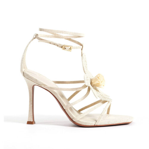 Natural Linen Crochet Flower Strappy High Heel Sandals