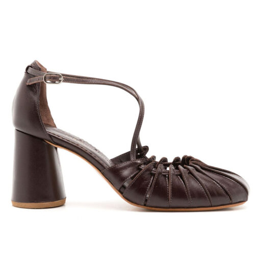 Dark Brown Leather Pleated Toe Mary Jane Style Heeled Sandals