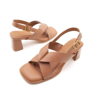 Cross Strap Slingback Block Heel Sandals | Square Toe Leather Adjustable Buckle Women Heeled Sandals