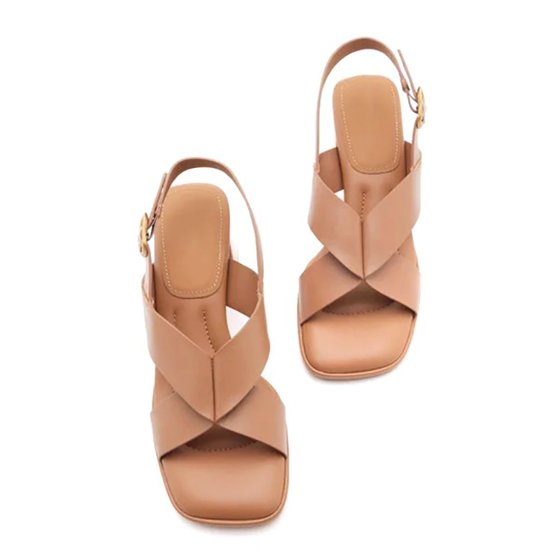 Cross Strap Slingback Block Heel Sandals | Square Toe Leather Adjustable Buckle Women Heeled Sandals
