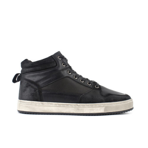 Men's Black Multi-Material Distressed Leather High Top Sneakers