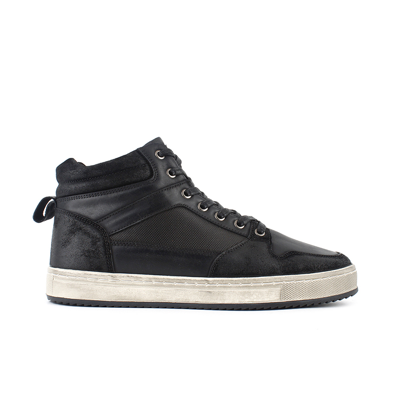 Men's Black Multi-Material Distressed Leather High Top Sneakers