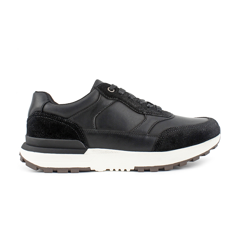 Men's Black Mixed Leather Retro Runner Sneakers