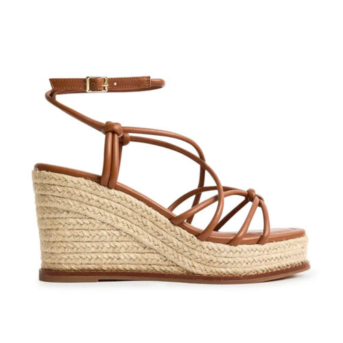 Brown Knotted Thin Strap Jute Wedge Espadrille Sandals