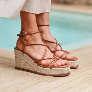 Brown Knotted Thin Strap Jute Wedge Espadrille Sandals