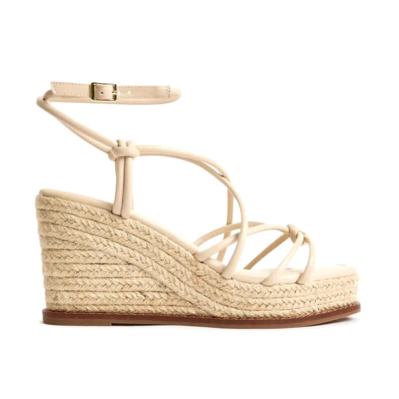 Sandales espadrilles à talon compensé en jute, couleur crème, à lanières multiples et nœuds