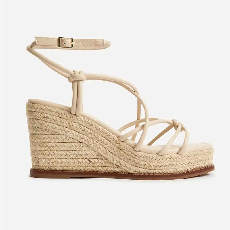 Sandales espadrilles à talon compensé en jute, couleur crème, à lanières multiples et nœuds