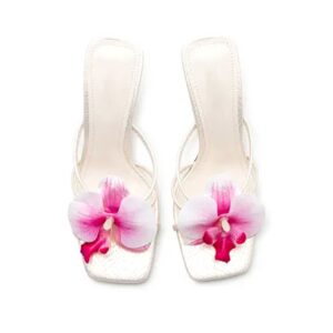 Orchid Floral Square Toe Metallic Stiletto Mules