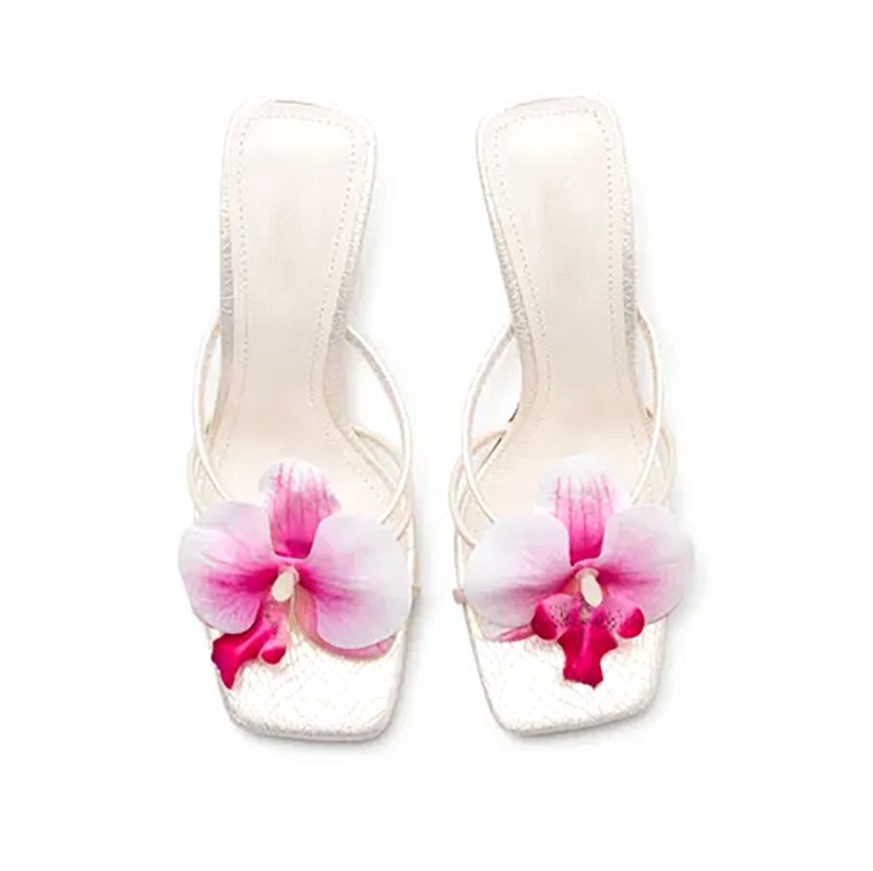 Orchid Floral Square Toe Metallic Stiletto Mules