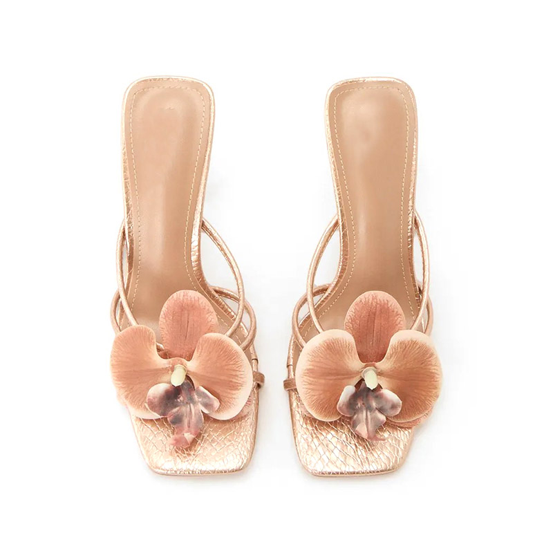 Orchid Floral Square Toe Metallic Stiletto Mules