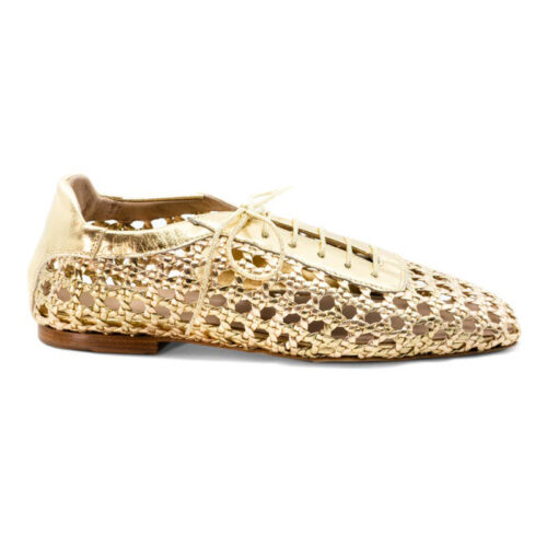 Metallic Open Weave Lace Up Square Toe Flats