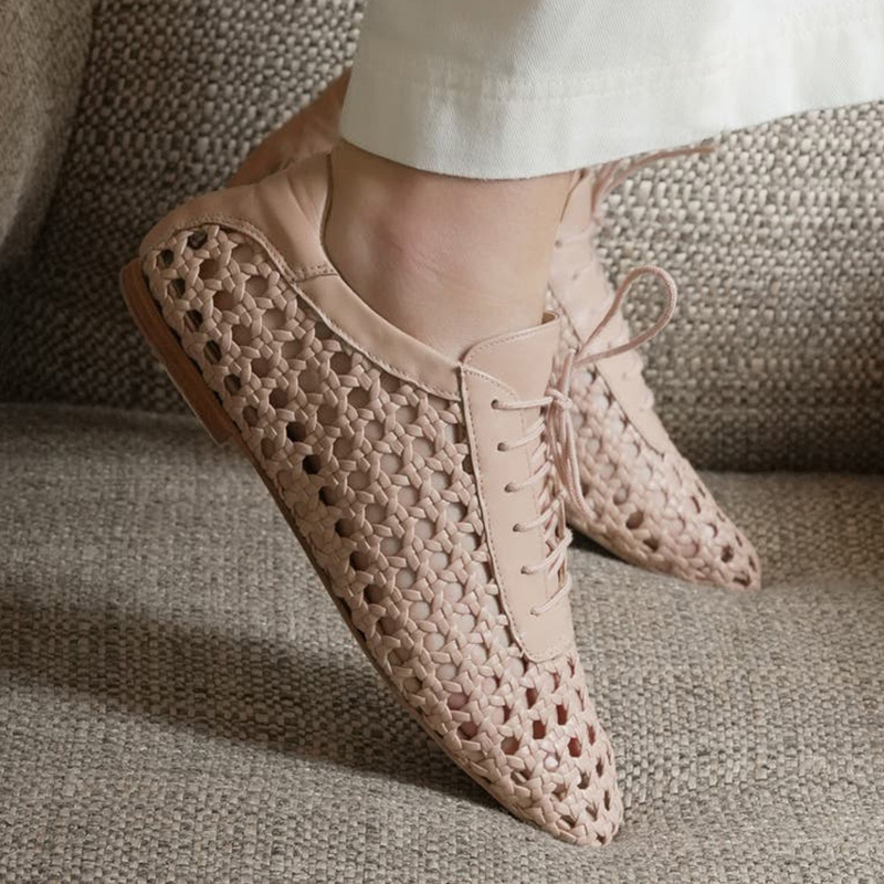 Woven Lace Up Square Toe Flat Shoes