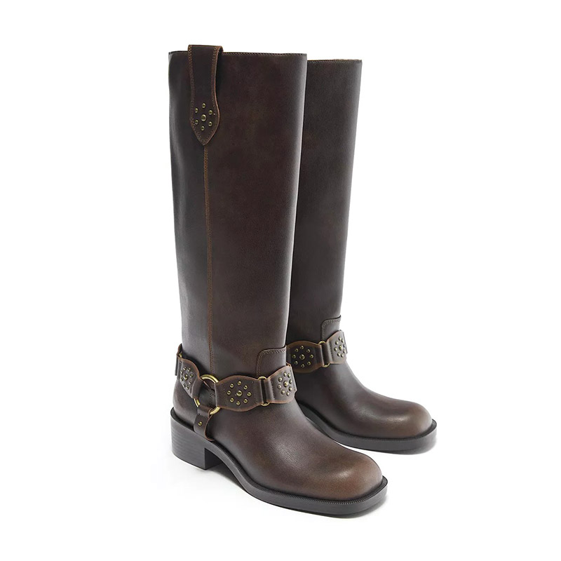 Dark Brown Studded Harness Knee High Riding Boots