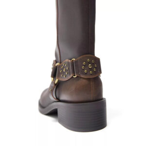Dark Brown Studded Harness Knee High Riding Boots