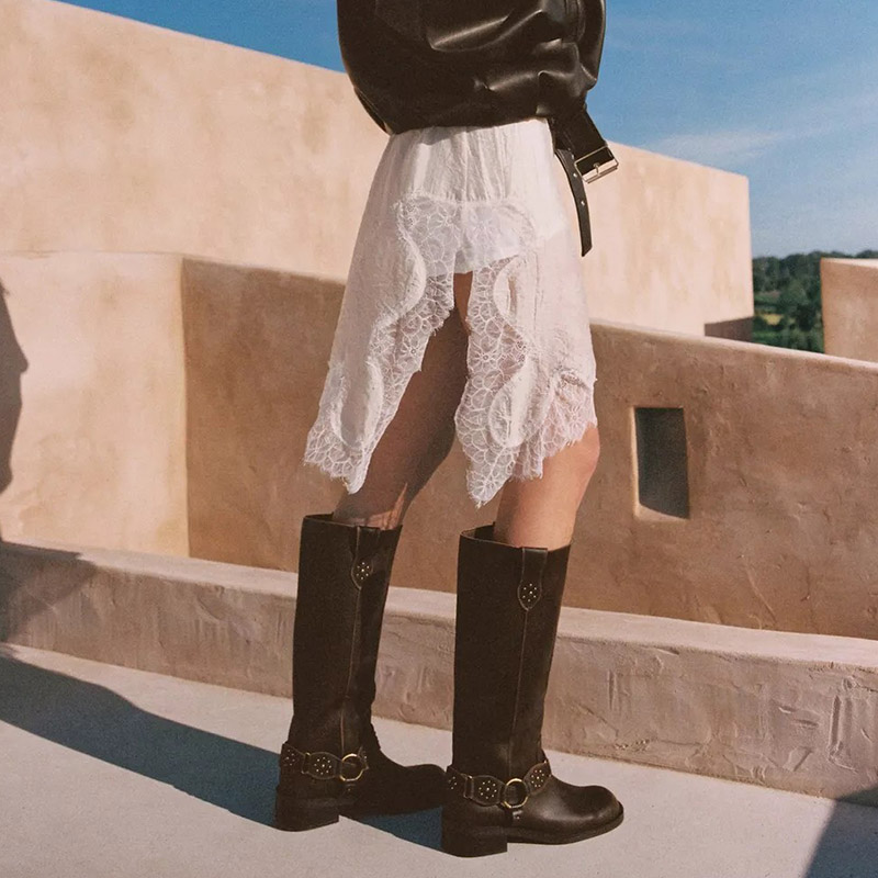 Dark Brown Studded Harness Knee High Riding Boots