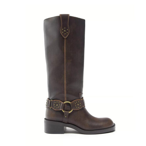 Dark Brown Studded Harness Knee High Riding Boots