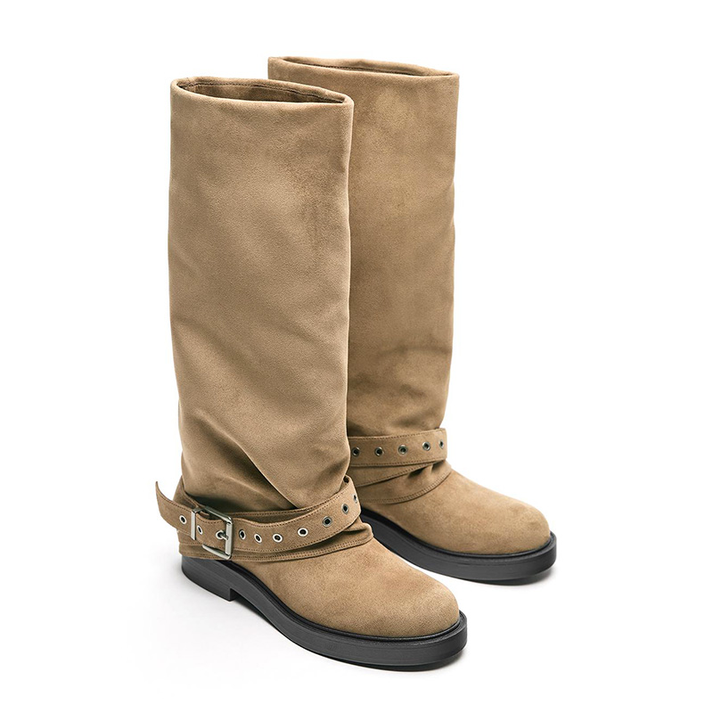 Slouchy Buckle Strap Knee High Boots