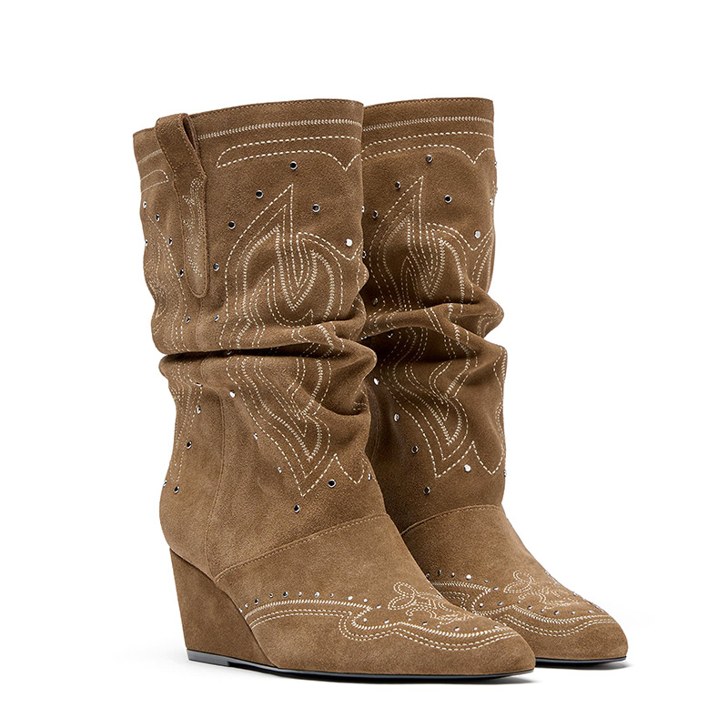 Embroidered Studded Slouch Wedge Western Boots