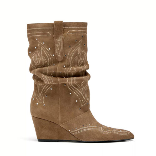 Embroidered Studded Slouch Wedge Western Boots