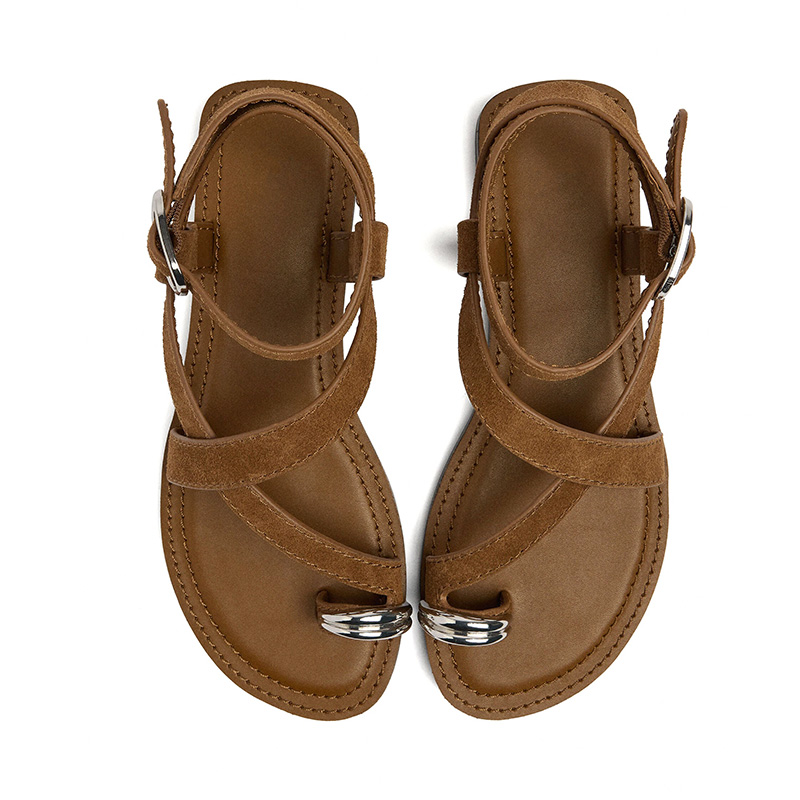 Metal Ring Toe Loop Ankle Strap Flat Sandals