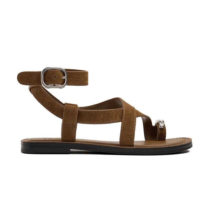 Metal Ring Toe Loop Ankle Strap Flat Sandals