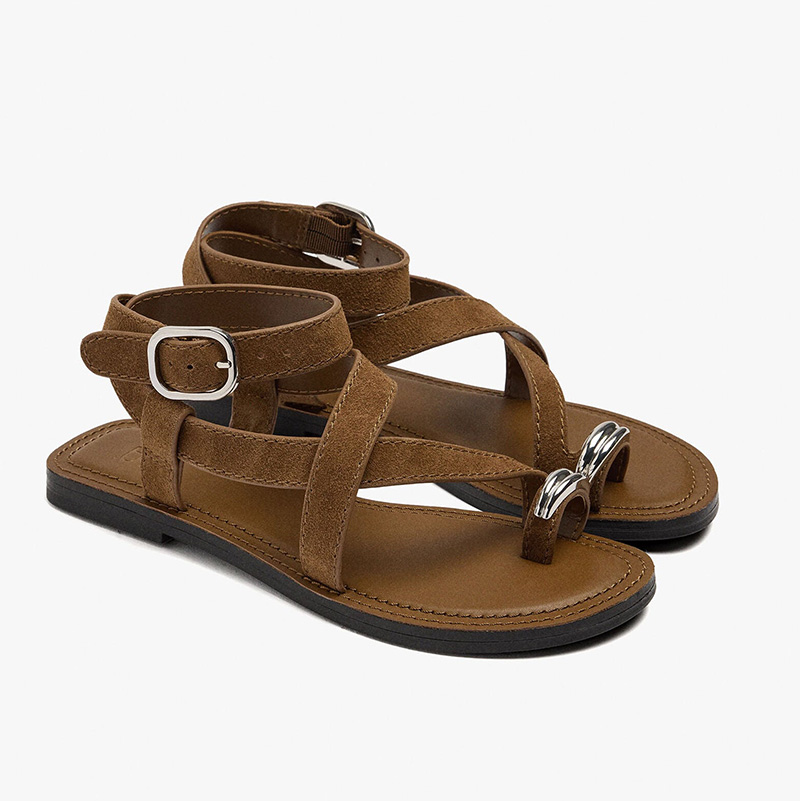 Metal Ring Toe Loop Ankle Strap Flat Sandals