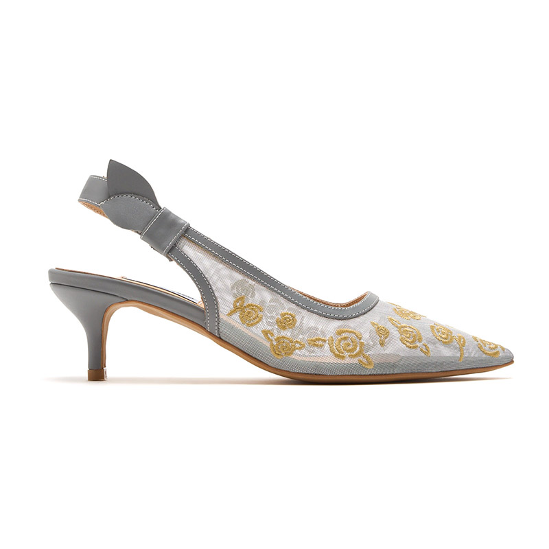 Grey Floral Embroidered Mesh Pointed Toe Slingback Kitten Heels