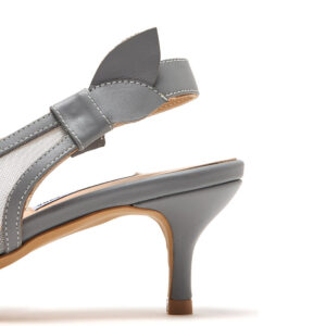 Grey Floral Embroidered Mesh Pointed Toe Slingback Kitten Heels