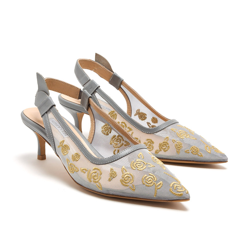 Grey Floral Embroidered Mesh Pointed Toe Slingback Kitten Heels