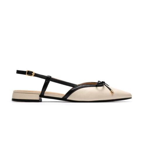 Cream Black Trim Pointed Toe Bow Slingback Flat Shoes