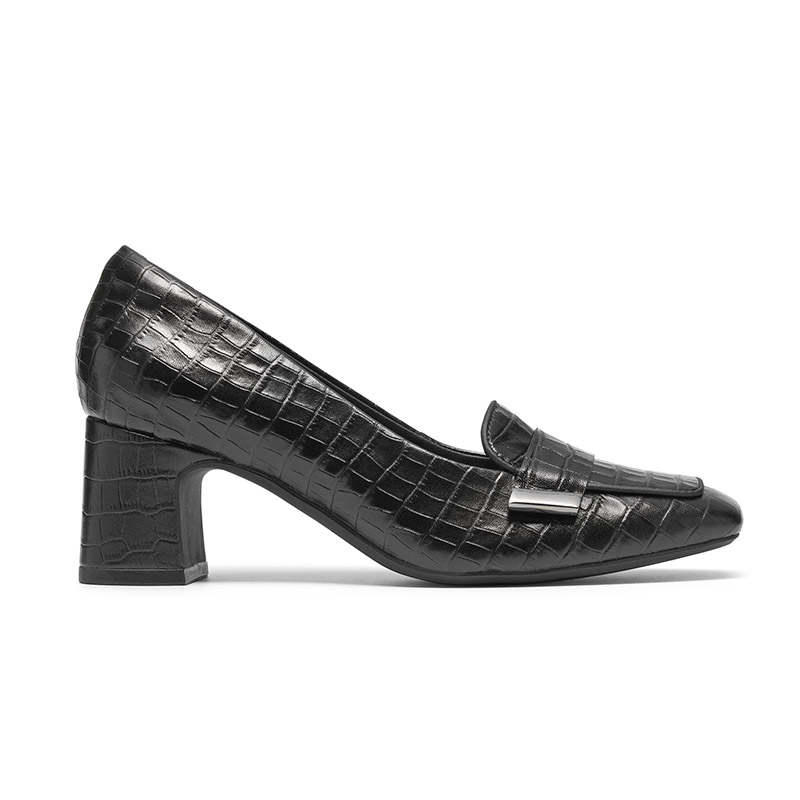 Zapatos tipo mocasín de tacón grueso con relieve de cocodrilo