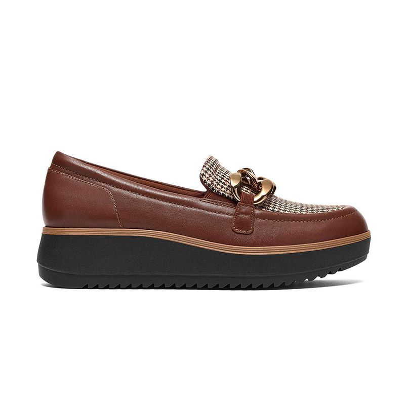 Brown Houndstooth Chain Platform Wedge Loafers