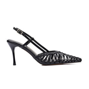 Zapatos de tacón alto con tiras traseras, puntera puntiaguda y diseño de calado tejido