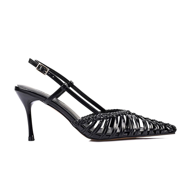 Zapatos de tacón alto con tiras traseras, puntera puntiaguda y diseño de calado tejido