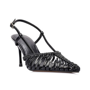 Zapatos de tacón alto con tiras traseras, puntera puntiaguda y diseño de calado tejido