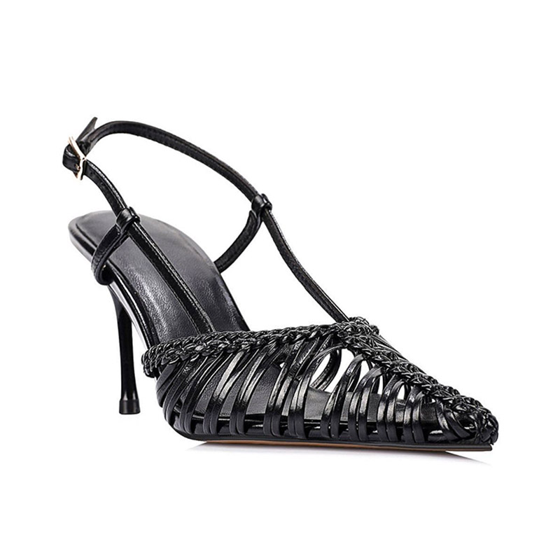 Zapatos de tacón alto con tiras traseras, puntera puntiaguda y diseño de calado tejido