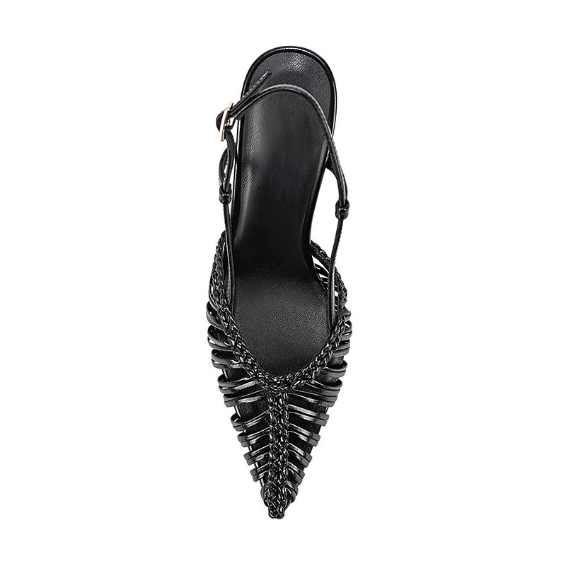 Zapatos de tacón alto con tiras traseras, puntera puntiaguda y diseño de calado tejido