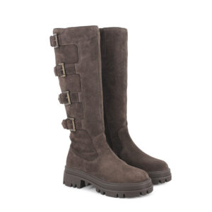 Brown Suede Buckle Strap Knee High Combat Boots with Lug Sole
