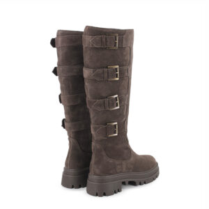 Brown Suede Buckle Strap Knee High Combat Boots with Lug Sole
