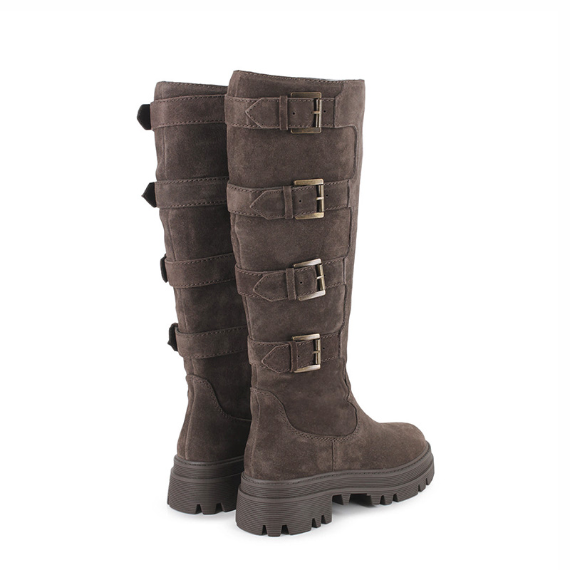 Brown Suede Buckle Strap Knee High Combat Boots with Lug Sole